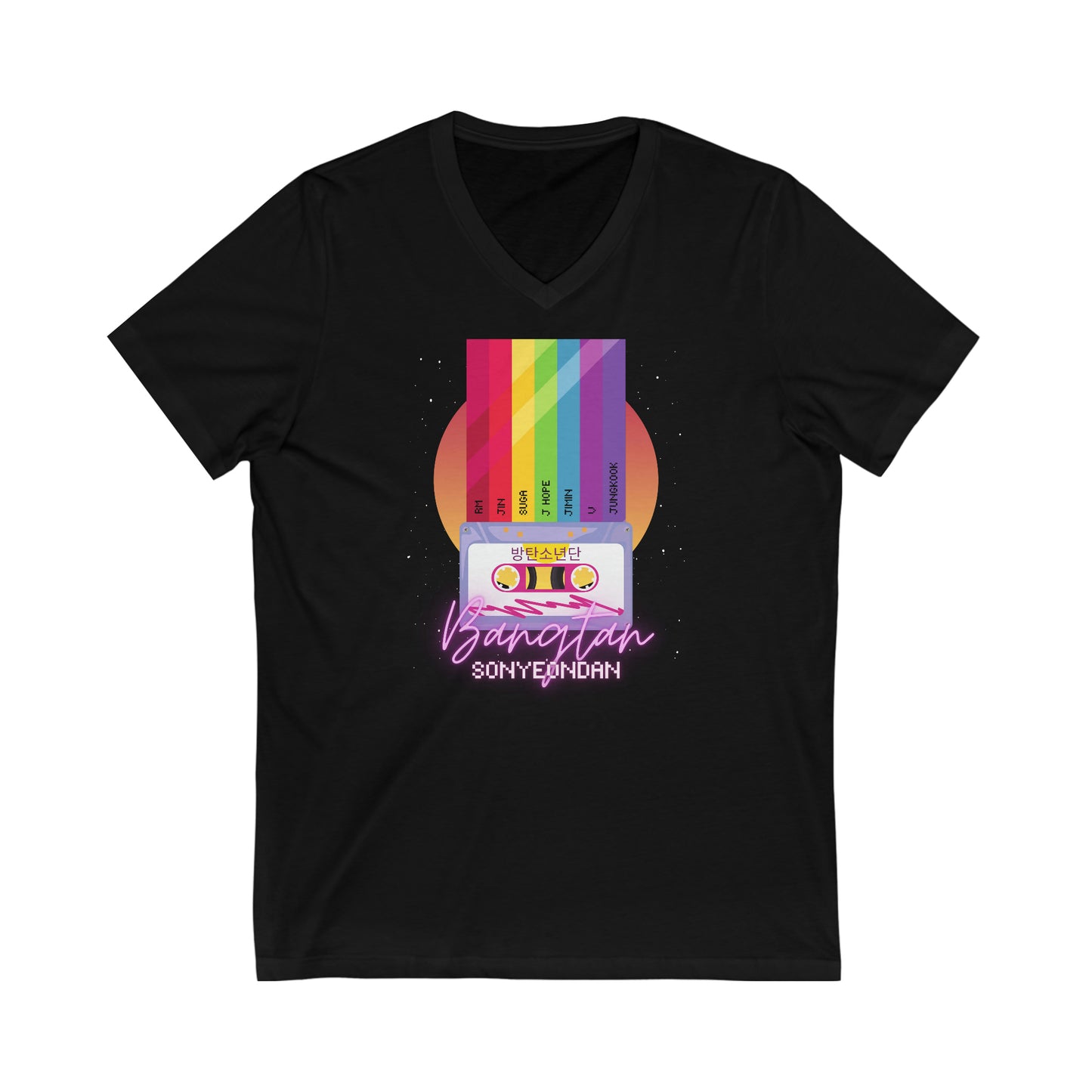 BTS Retro 80's Rainbow Jersey Short Sleeve V-Neck Tee Shirt