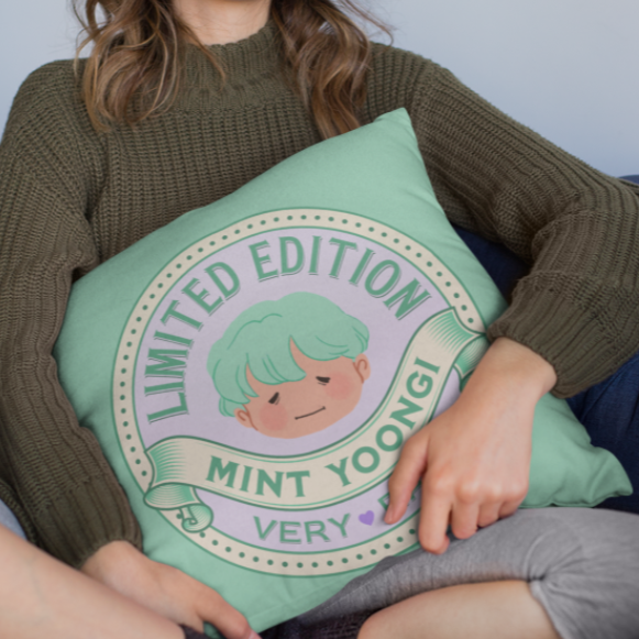 BTS Faux Suede Square Pillow | Mint Yoongi Suga Pillow | bts aesthetic pillow | bts inspired