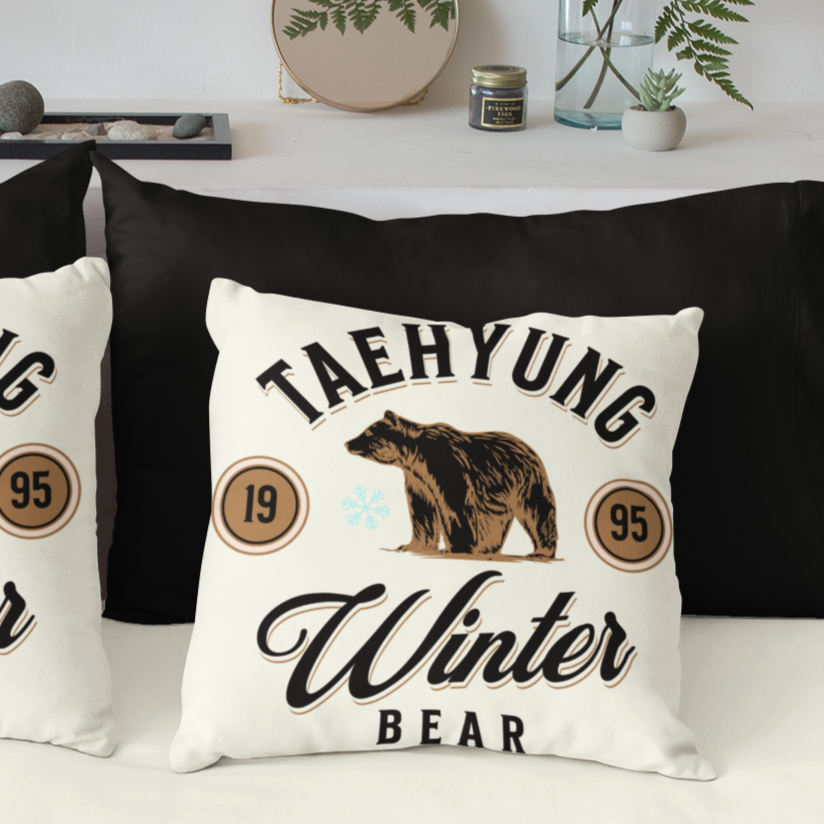 BTS Faux Suede Square Pillow | BTS V Taehyung Winter Bear | bts aesthetic pillow | bts inspired